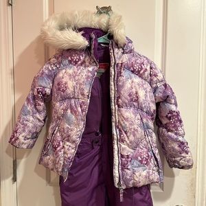 Purple Kids size 6 Weatherproof brand snow bib and snow jacket, lightly used